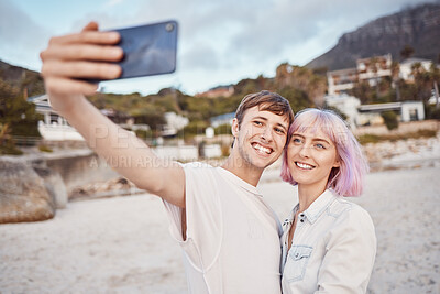 Buy stock photo Selfie, love and couple on the beach for a date, travel memory and quality time in Bali. Freedom, care and happy man and woman taking a photo while walking by the ocean during a vacation together