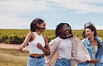 Women, friends and countryside for outdoor adventure, holiday and together for summer sunshine. Group, happy black woman and gen z students on vacation with comic laugh, support and walking in nature
