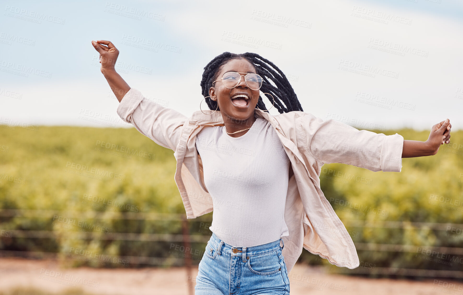 Buy stock photo Happy, freedom and excited with black woman in nature  and travel for peace, relax and youth. Journey, adventure and happiness with girl enjoying outdoors for summer break, vacation and holiday