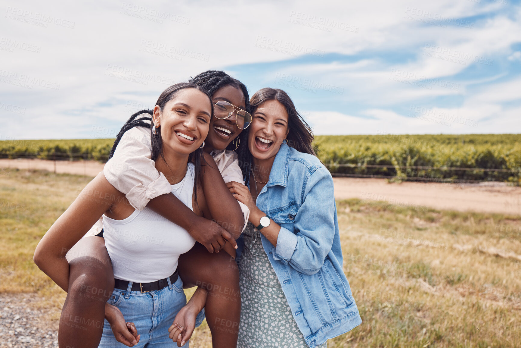 Buy stock photo Friends, portrait and piggyback of women on holiday, vacation or trip outdoors. Group freedom, comic adventure and happy girls laughing at joke, having fun or enjoying quality time together in nature