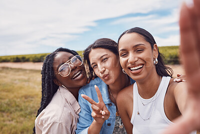 Buy stock photo Peace sign, friends and selfie with women in nature for social media, bonding and summer break. Smile, diversity and happiness with portrait of girl in outdoor park for adventure, freedom and youth