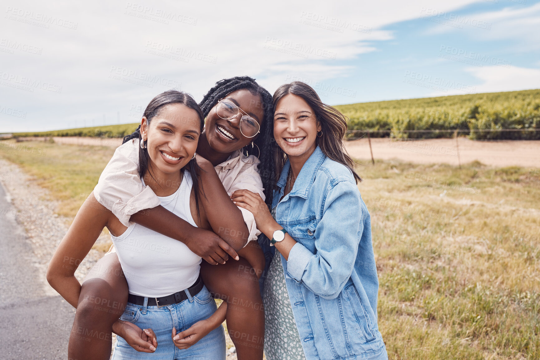 Buy stock photo Portrait, friends and piggyback of women on holiday, vacation or trip outdoors. Group freedom, comic adventure and happy girls laughing at joke, having fun or enjoying quality time together in nature