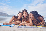 Funny, happy and portrait with friends on beach for travel, diversity and summer break with blue sky mockup. Sunbathing, peace and tropical with group of women on vacation for relax, freedom and sea