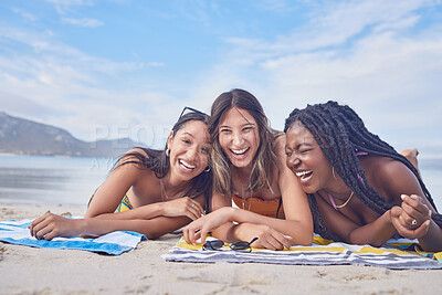 Buy stock photo Funny, happy and portrait with friends on beach for travel, diversity and summer break with blue sky mockup. Sunbathing, laugh and tropical with group of women on vacation for relax, freedom and sea