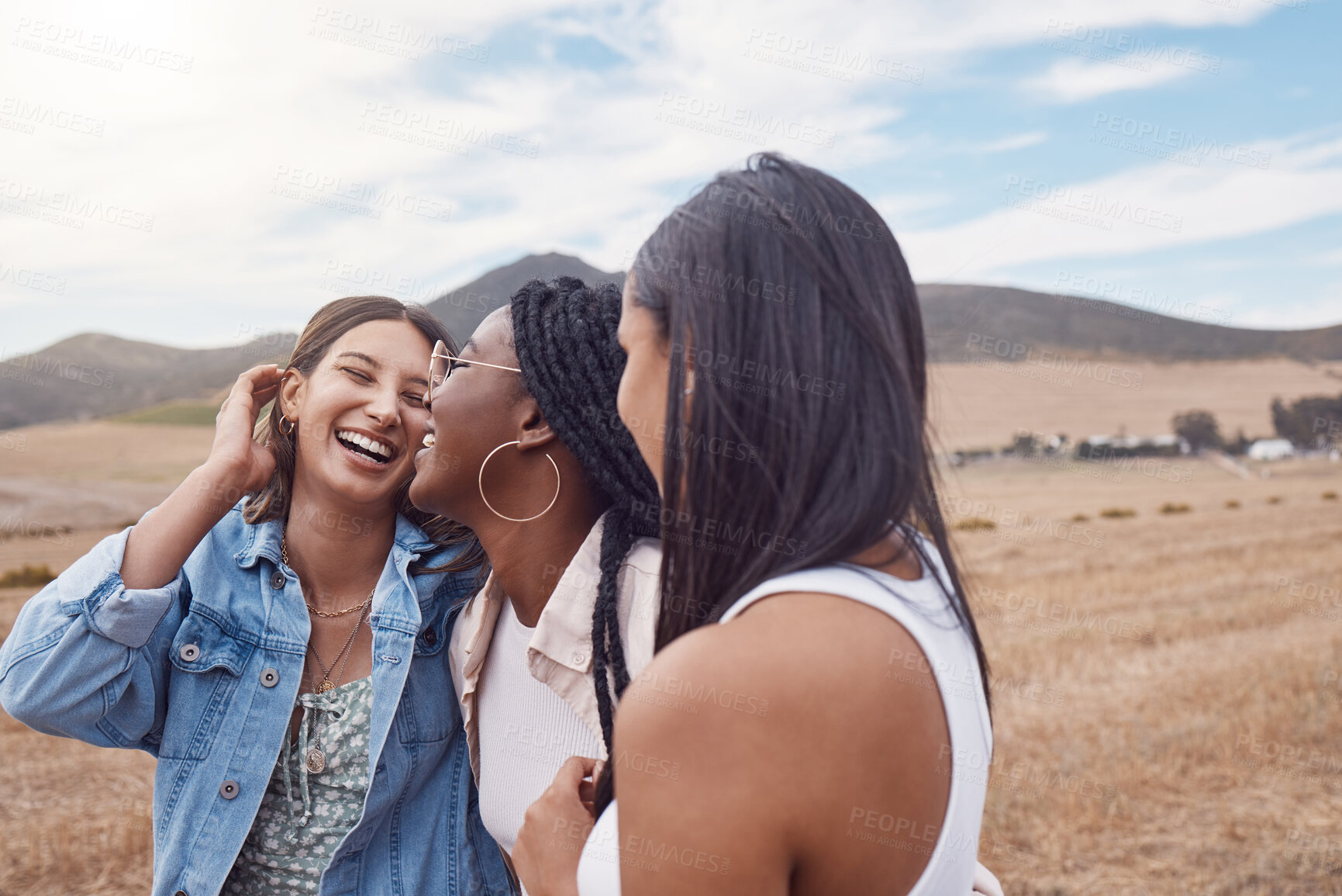 Buy stock photo Friends, travel and adventure in countryside, vacation and freedom, women on field and laughter with diversity. Happiness, young and care free, lifestyle and holiday on Argentina farm with mockup 