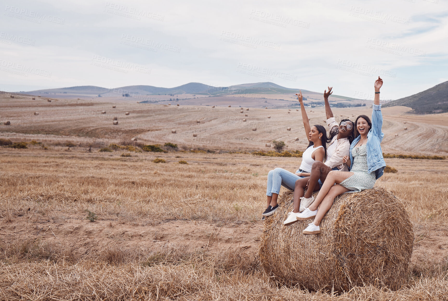 Buy stock photo Friends, travel and adventure in countryside, holiday and freedom, women on hay field and fun with diversity. Happiness, young and care free, lifestyle and vacation on Argentina farm with mockup 