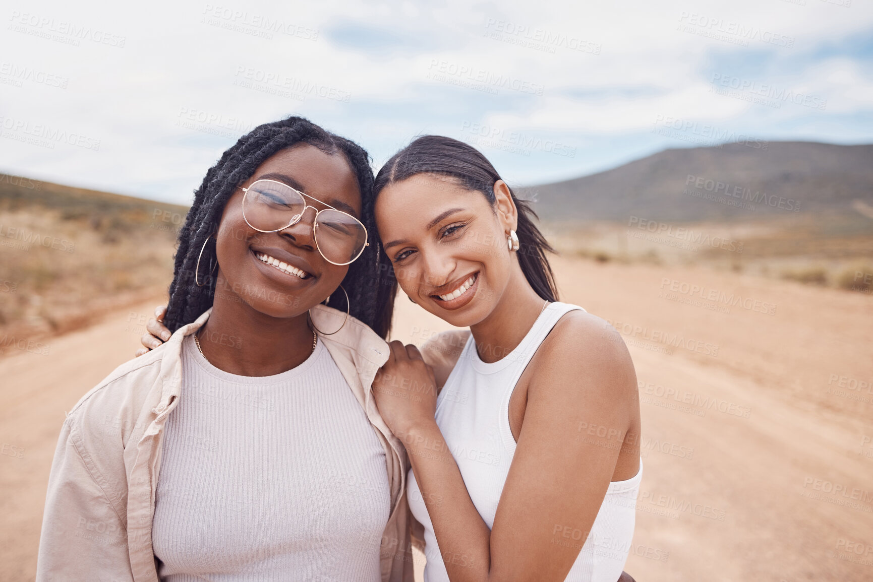 Buy stock photo Portrait, friends and women on road trip, vacation and bonding on getaway, happiness and relax together. Face, females and ladies embrace, summer holiday and weekend break to rest and casual outfits