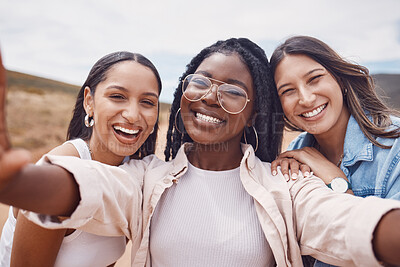 Buy stock photo Woman, friends and portrait smile for selfie, travel or holiday journey adventure in the countryside together. Happy women smiling for photo memories, online post or profile picture on vacation break