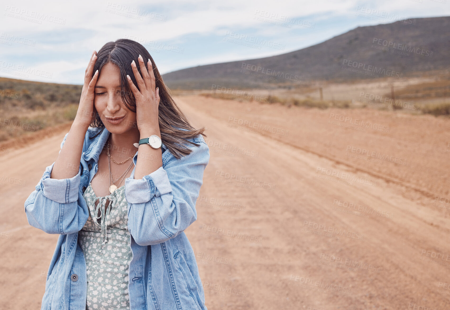 Buy stock photo Happy, smile and freedom with woman in nature for road trip, adventure and travel with mockup space. Vacation, journey and relax with girl in road of countryside for wellness, holiday or summer break