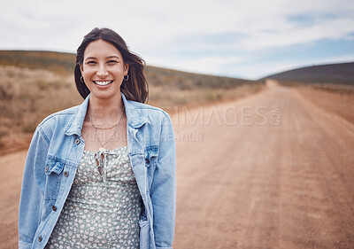 Buy stock photo Travel, portrait and woman on safari, outdoor on adventure with desert in Kenya, holiday and summer road trip. Mockup space, happiness and journey with freedom, lifestyle and fun in nature with smile