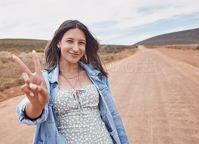 Buy stock photo Travel, portrait and woman on safari with peace sign, outdoor on adventure in Kenya, holiday and summer road trip. Mockup space, happy and journey with freedom, lifestyle and fun in nature with hand