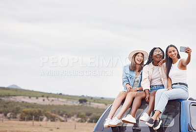 Buy stock photo Selfie, road trip and women friends on car roof in sky mockup for social media, group travel and vacation. Profile picture of diversity youth or people in Africa safari, desert or countryside journey