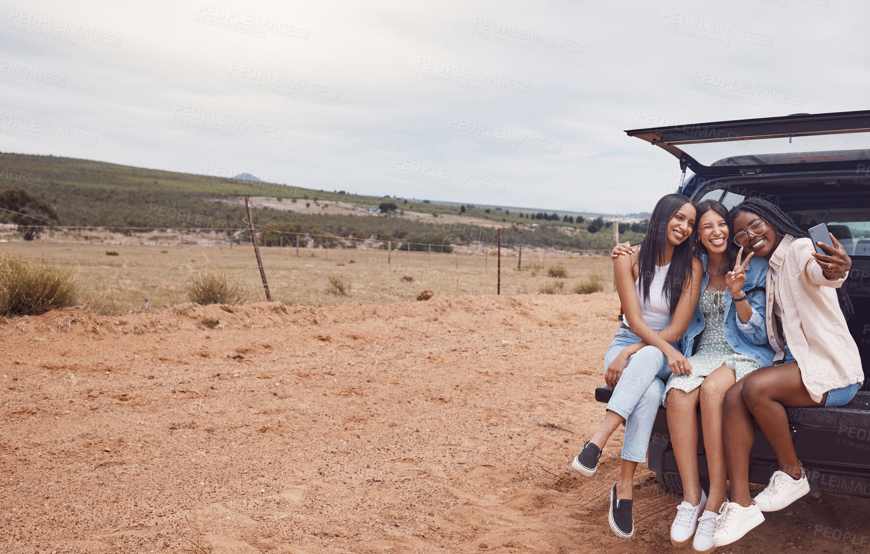 Buy stock photo Peace sign, road trip and women friends take a selfie, having fun or enjoying time outdoors. Car travel, v gesture and group of happy girls in nature or safari taking pictures for social media memory