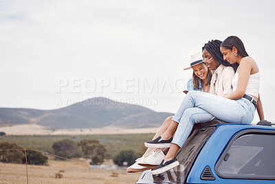 Buy stock photo Road trip, car and happy friends with phone, social media update and countryside adventure on sky mockup space. Youth, gen z and diversity women on 5g smartphone and roof for travel journey together