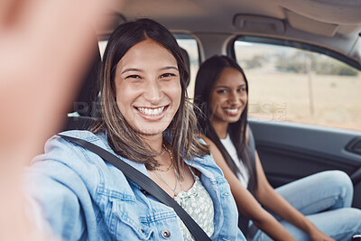 Buy stock photo Woman, friends and portrait for road trip selfie, journey or holiday adventure together in the car. Happy women smile for photo memories or social media in vehicle travel, transport or vacation break