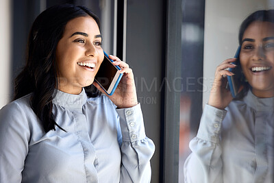Buy stock photo Phone call, reflection and communication with a business woman in the office, talking on her mobile. Contact, networking and window with a young female employee chatting on her smartphone at work