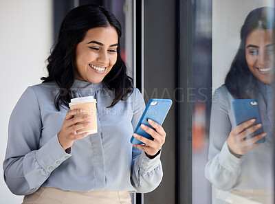 Buy stock photo Smile, woman with phone in office on coffee break, browsing social media, surfing internet or typing message. Technology, communication and happy businesswoman standing in lobby reading on smartphone