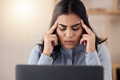 Buy stock photo Headache, stress or business woman in office with laptop for email crisis, financial debt or mental health. Depression, sad or girl employee on tech for work anxiety, audit or burnout from 404 glitch