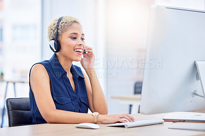 Buy stock photo Call center, computer and black woman smile for success in telemarketing sales, customer service or virtual consulting. Telecom, technical support or ecommerce consultant, agent or help desk worker