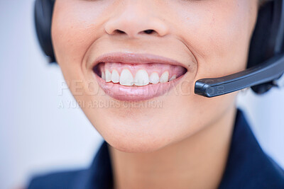 Buy stock photo Call center, teeth and smile with mouth of black woman for telemarketing, customer support and receptionist. Happy, communication and consulting with employee for advisor, service and help desk
