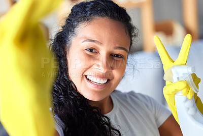 Buy stock photo Woman, portrait and peace sign for selfie in housekeeping, cleaning or detergent in sanitary hygiene at home. Happy female cleaner or maid smiling for photo showing hand gesture for clean sanitizer