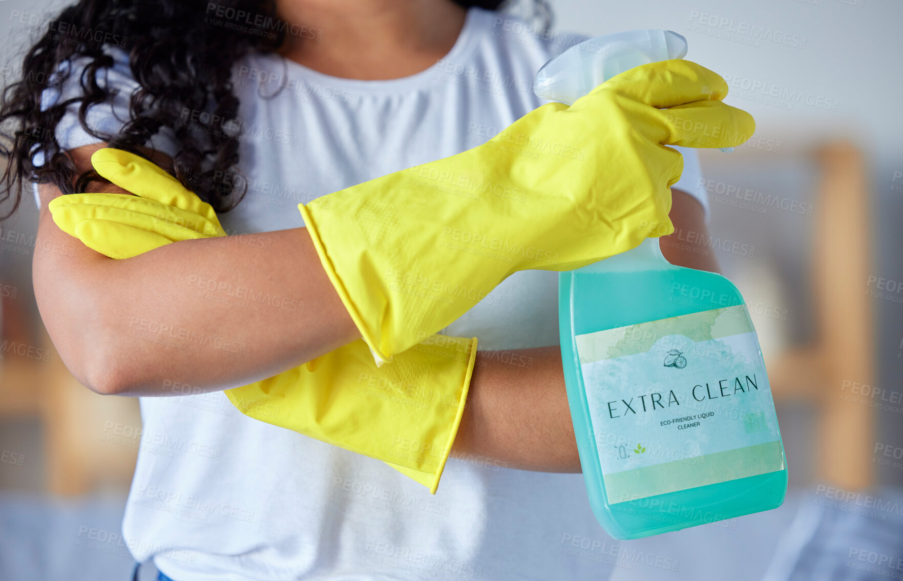 Buy stock photo Hands, latex gloves and detergent for housekeeping, cleaning or disinfection safety from bacteria at home. Hand of cleaner in healthy hygiene, protection or service for sanitize or germ removal