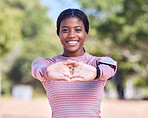 Fitness stretching, runner and portrait of black woman with a smile outdoor ready for running and race. Marathon training, sport and young person with blurred background with happiness from run
