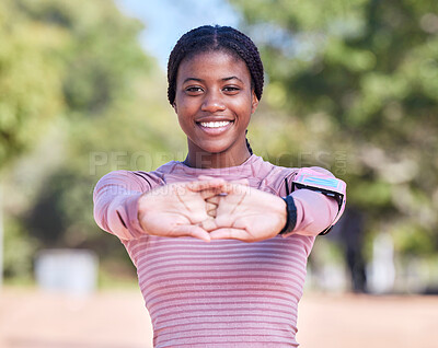 Buy stock photo Fitness stretching, runner hands and portrait of black woman with a smile outdoor ready for running and race. Marathon training, sport and young person with blurred background with happiness from run
