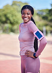 Fitness, runner and portrait of black student with a smile outdoor ready for running and race. Marathon training, sport and young person with phone and blurred background with happiness from run