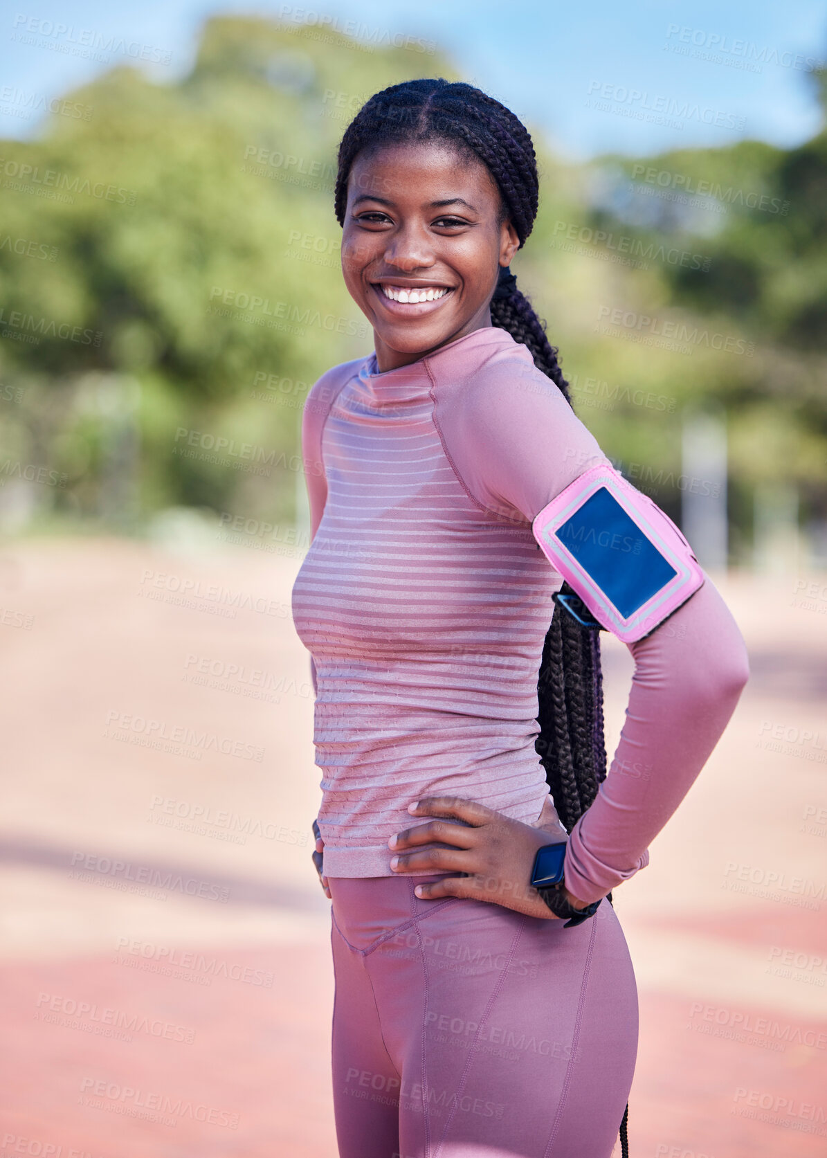 Buy stock photo Fitness, runner and portrait of black student with a smile outdoor ready for running and race. Marathon training, sport and young person with phone and blurred background with happiness from run
