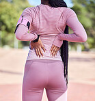 Back stretching, pain and black woman outdoor for fitness, runner training and workout. Running athlete, run stretch and sport start of a young person with blurred background resting before sports