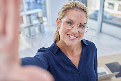 Buy stock photo Selfie, portrait and business woman in the office with a positive, optimistic and happy mindset. Happiness, smile and professional female corporate employee from Canada taking a picture in workplace.
