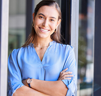 Buy stock photo Smile, leadership and portrait of businesswoman, confident administration manager with happy face. Vision, future and proud woman standing in admin office, leader in growth and business development.