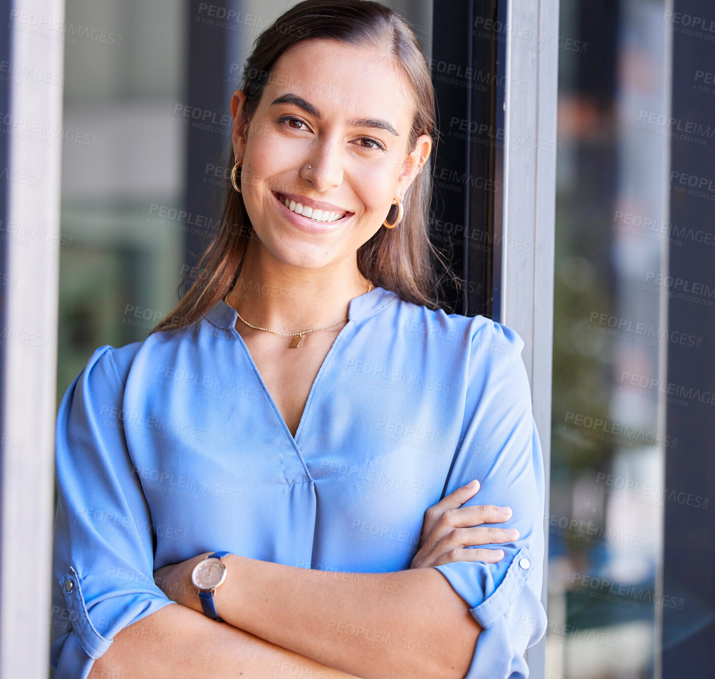 Buy stock photo Smile, leadership and portrait of businesswoman, confident administration manager with happy face. Vision, future and proud woman standing in admin office, leader in growth and business development.