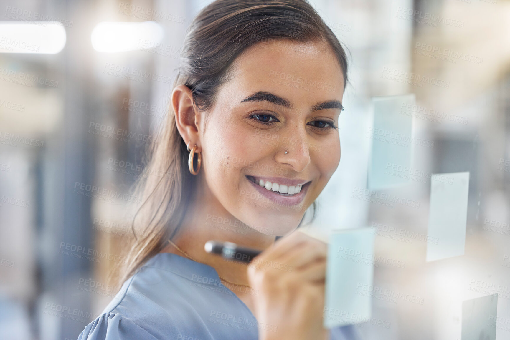 Buy stock photo Strategy, planning and woman writing an idea, schedule or agenda on a sticky note board at work. Goal, creative and employee with an agenda, brainstorming and vision with project management notes