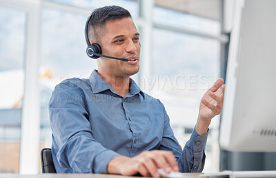Buy stock photo Customer support, call center and male telemarketing consultant doing a consultation online. Contact us, communication and man customer service agent with a headset working on crm strategy in office.