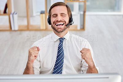 Buy stock photo Success, celebration and laugh of business man in call center with happiness from promotion. Happy. consulting and winning achievement of a contact us telemarketing employee excited from bonus