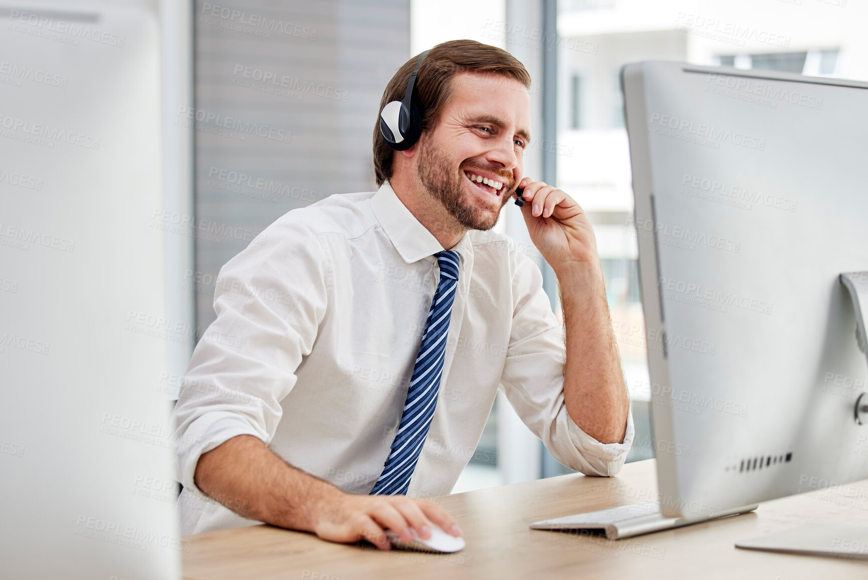 Buy stock photo CRM, customer service or man for success on computer for support, consulting or networking in office. Happy callcenter or sales advisor on tech for telemarketing, research or telecom contact us help