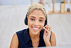 Telemarketing customer service or portrait of woman callcenter in office for online consulting or crm. Smile, communication or consultant girl employee for contact us, telecom or sale advisor support