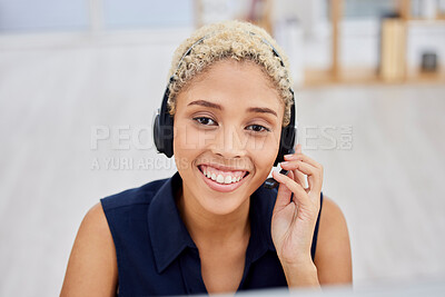 Buy stock photo Telemarketing customer service or portrait of woman callcenter in office for online consulting or crm. Smile, communication or consultant girl employee for contact us, telecom or sale advisor support