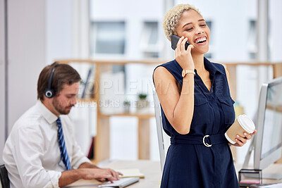 Buy stock photo Happy phone call, communication or woman in office for conversation, discussion and talking in New York. Smile, good news and callcenter girl on smartphone for speaking, networking or mobile device