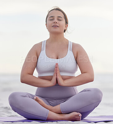 Buy stock photo Yoga meditation peace, beach and woman meditate for spiritual mental health, chakra energy balance or soul aura healing. Nature zen, freedom or pilates girl relax for mindfulness, mindset or wellness