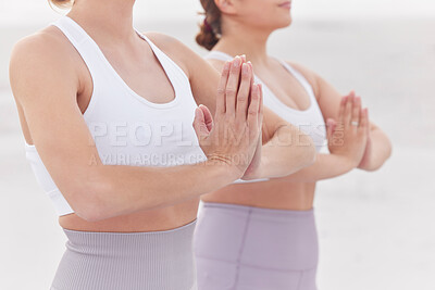 Buy stock photo Yoga, hands and women with hands together, meditation and healthy lifestyle for balance, confidence and breathing. Female yogis, ladies and pilates training for exercise, focus and happiness outdoor