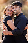 Portrait, love and couple hug, smile and celebration for partnership, marriage and relationship. Face, man and woman embrace with happiness, dating and loving with romance, bonding and Valetines day
