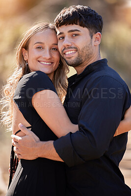 Buy stock photo Portrait, love and couple hug, smile and celebration for partnership, marriage and relationship. Face, man and woman embrace with happiness, dating and loving with romance, bonding and Valetines day