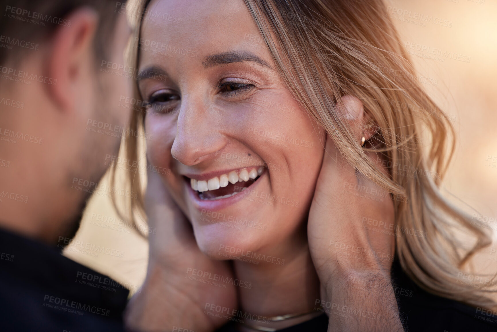 Buy stock photo Love, happy and woman looking at her boyfriend while on romantic date for valentines day. Happiness, smile and man holding the face of girlfriend to bond with intimacy, affection and romance outdoors