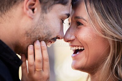 Buy stock photo Couple, forehead touch and laugh together with happiness, comic moment or romance outdoor for date. Man, woman and funny time with love, care or happy in nature closeup with hand, face and crazy joke