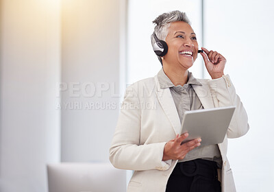 Buy stock photo Business phone call, tablet and senior happy woman talking on communication with stock market investment contact. Bitcoin NFT trader, crypto trading conversation or forex account manager networking