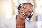 Customer support consultant, face portrait and happy woman telemarketing on contact us CRM or telecom. Call center communication, African ecommerce and information technology consulting on microphone