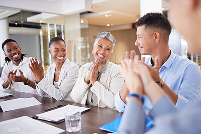 Buy stock photo Presentation, applause and business people meeting in office for goals, sales target and marketing strategy. Teamwork, celebration and group of workers clapping hands for success, victory and support